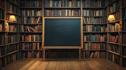 Cozy Library Atmosphere with Blank Chalkboard for Signage in Warmly Lit Bookstore