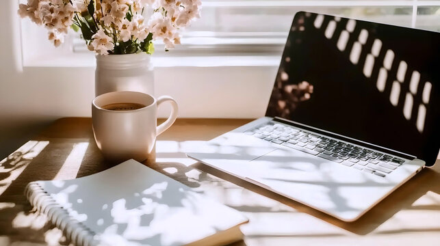 Sunny workspace with laptop and coffee  
