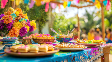 Fototapeta premium Vibrant Indian Holi Festival Table with Colorful Food and Flowers Outdoors. Concept of cultural celebration, festive dining, joyful gatherings. Copy space