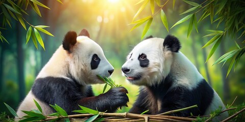 Obraz premium Playful Giant Pandas in Minimalist Style â€“ A Serene Capture of Natureâ€™s Joyful Moments