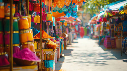 Obraz premium Vibrant Indian Holi Festival Market with Colorful Powder and Textiles. Concept of Festivals, Cultural Celebrations, Bright Traditions