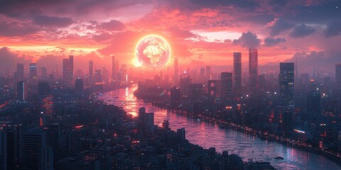 Fototapeta premium Futuristic Cyberpunk Cityscape with Neon Lights and Digital Globe Overlay