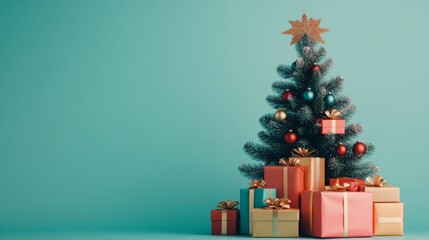 Festive Christmas Tree with Wrapped Gifts on Teal Background