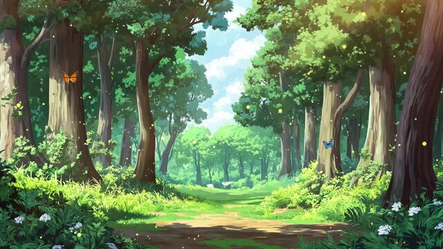 anime cartoon style woodland forest background seamless looping overlay 4k virtual video animation background