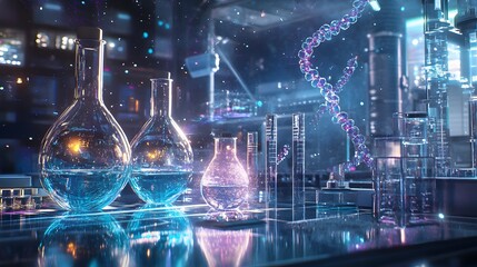 Futuristic Laboratory Glassware and DNA Strand