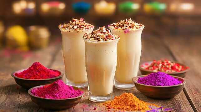Glasses of Thandai Topped with Nuts at Indian Holi Festival Celebration. Concept of Cultural Traditions, Festive Drinks, and Colorful Celebrations