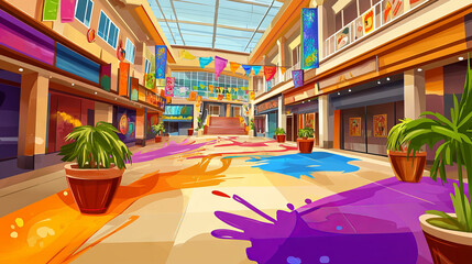 Vibrant Indian Holi Festival Art Depicting Colorful Modern Mall. Concept of Cultural Celebration, Joyful Shopping Experience
