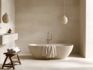 Modern Beige Bathroom With Freestanding Tub And Lighting