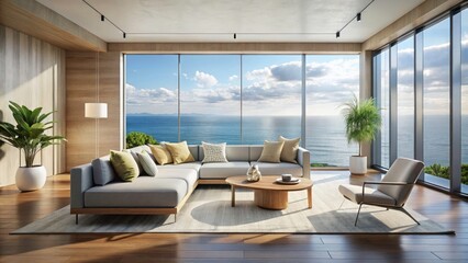 Fototapeta premium Minimalist Sea View Living Room: Contemporary Coastal Interior Design