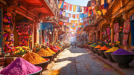 Vibrant Indian Holi Festival in Urban Plaza with Colorful Decorations and Flower Displays. Concept of Cultural Celebration, Traditional Festivities