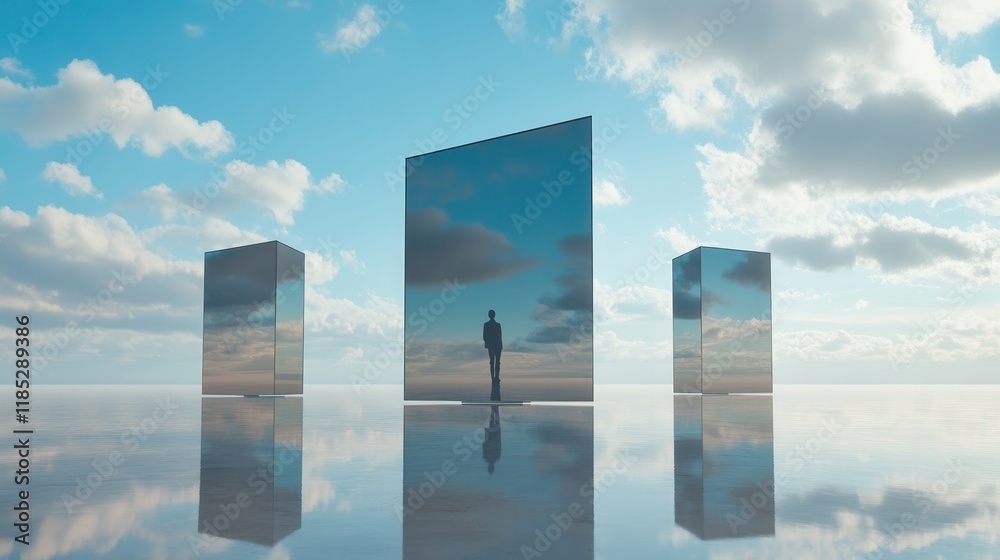 Wall mural 3d sky with clouds, minimalistic style, floating mirror cubes on the horizon, symmetrical compositio