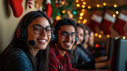Holiday Cheer in the Call Center:  A diverse group of cheerful customer service representatives wearing headsets and festive attire, radiating holiday spirit amidst Christmas decorations.  