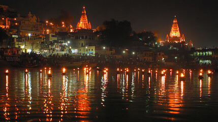 Obraz premium Illuminated Temples by the Ganges River at Night. Concept of Spiritual Rituals, Indian Festivals, Cultural Heritage