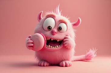 Fototapeta premium Cute little monster eats macaroons 