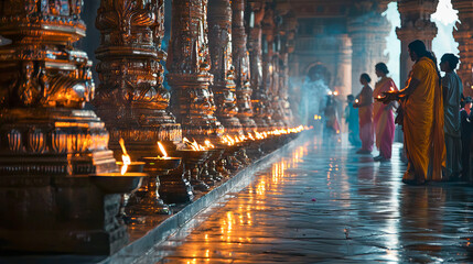 Devotees Lighting Lamps in a Temple for Maha Shivaratri Celebration. Concept of Spiritual Devotion, Sacred Rituals