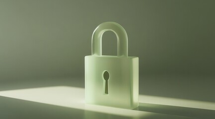 Fototapeta premium a 3 dimensional lock made out of milky, white glass material standing in a flat, light, empty environment, with light green highlights, soft white and highlights with soft green accenses, 