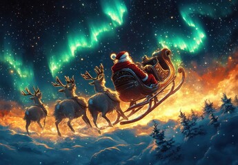 Santa Claus Flying in a Sleigh Over Snowy Night Sky with Reindeer and Northern Lights