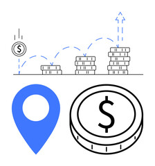 Coins stacking as they bounce upward toward progress with a dollar coin and location marker. Ideal for investment, growth, analytics, strategy, savings, business, abstract line flat metaphor