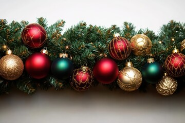 Fototapeta premium Christmas Garland Decoration with Red Green Gold Ornaments Soft Lighting Still Life