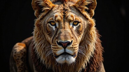 A majestic female lion's face fills the frame, its tawny coat gazing directly at you against an inky black backdrop