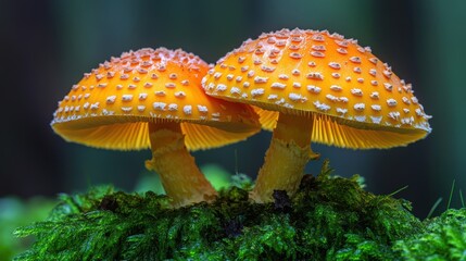 Two vibrant orange mushrooms with white dots growing on moss.