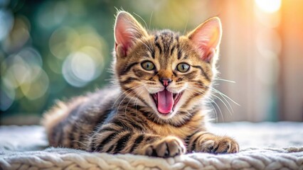 Obraz premium Slow-motion panoramic view: adorable striped kitten yawns, stretching adorably in cute slow motion.