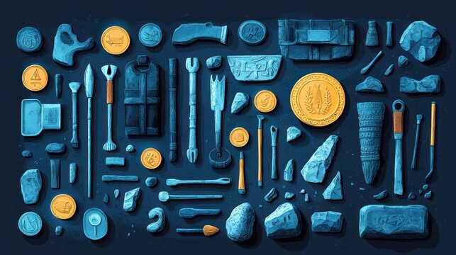 Ancient artifacts and tools on dark background.