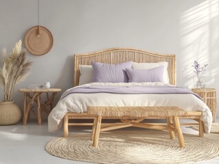Bohemian Bedroom Decor Featuring Rattan Bed and Neutral Tones