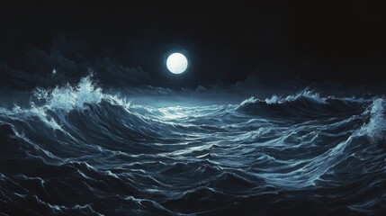 Ocean Waves at Night Under a Full Moon: A Dramatic Seascape Painting