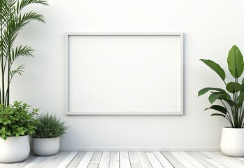 Peaceful White Patio Scene Featuring a Wooden Deck, Beautiful Potted Plants, and an Empty Frame Mockup Perfect for Artistic Presentations