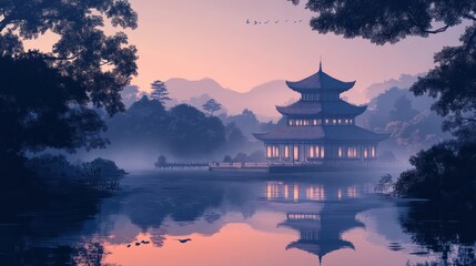 Obraz premium Serene pagoda on misty lake at dawn.