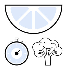 Lemon slice stopwatch tree set against white backdrop. Ideal for health, nutrition, punctuality, nature, simplicity, minimalism, wellness themes. Line metaphor