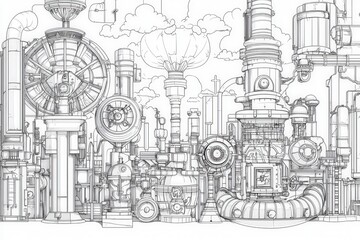 Fototapeta premium Intricate industrial machinery drawing with detailed pipes and gears in a complex design