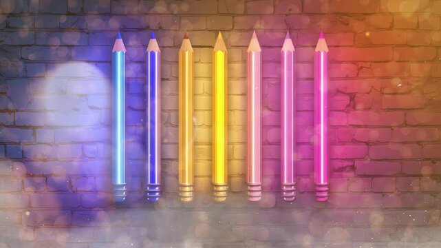 realistic isolated neon sign of pencil frame on the wall seamless looping overlay 4k virtual video animation background