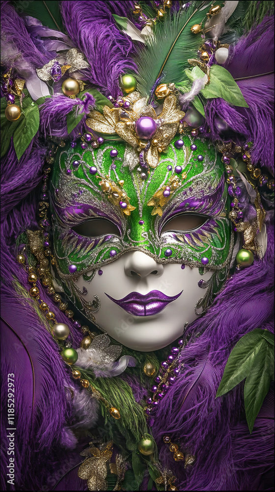 Wall mural Intricate Mardi Gras Carnival Mask with Green and Purple Feathers and Beads. Concept of Festive Celebration, Luxurious Costume Design