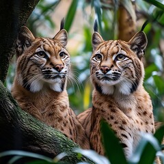 Obraz premium Two Eurasian Lynxes Perched on a Tree Branch, Gazing Intently.