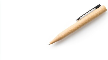 Minimalistic Bamboo Pen With Black Clip Placed on a Clean White Surface Ideal for Eco-Friendly Office and Stationery Conceptual Imagery