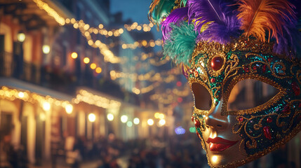 Obraz premium Glittering Carnival Mask with Feathers and Beads in Vibrant Mardi Gras Scene, Concept of Festive Celebration and Cultural Tradition. Copy space