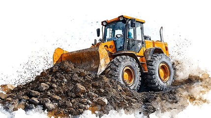 A powerful yellow wheel loader moves earth in a watercolor-style illustration.
