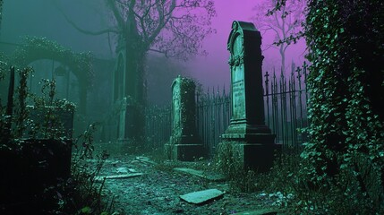Eerie Cemetery at Dusk: A Mystical Fog Envelops Ancient Tombstones