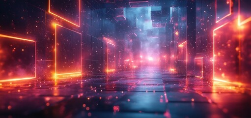 Obraz premium Futuristic Neon Geometric Abstract 3D Background with Glowing Patterns and Copy Space