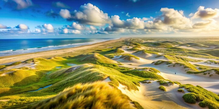 Sun-drenched Texel dunes, Sunny De Koog's landscape captured in stunning aerial tilt-shift photography.