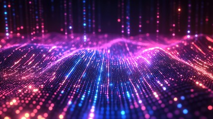 Fototapeta premium Abstract digital landscape with glowing particles and lines.