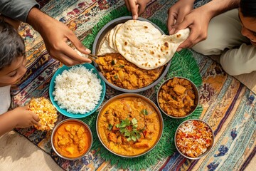 Family sharing traditional indian meal with various curries and rice