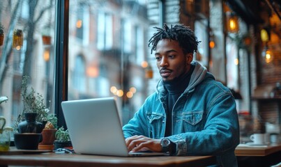 Male software designer working on laptop in modern office with coffee and smartphone