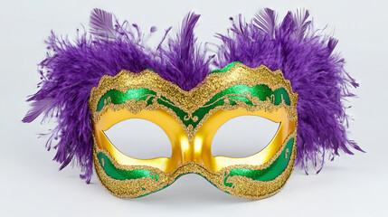 Vibrant Carnival Mask with Golden and Green Design, Adorned with Purple Feathers. Concept of Mardi Gras Celebrations, Festive Costume Accessories