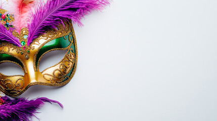 Vibrant Golden and Green Carnival Mask with Purple Feathers, Mardi Gras Celebration. Concept of Festive Traditions, Colorful Celebrations. Copy space