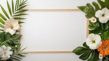 A white frame with a gold border and a variety of flowers