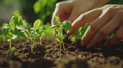 Closeup of hands planting young seedlings in rich soil