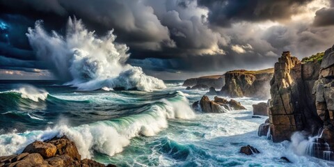 Surreal Stormy Seascape with Dramatic Ocean Waves and Dark Rocky Cliffs Under a Tempestuous Sky